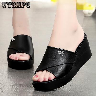 Тапочки из натуральной кожи, летние толстые тапочки-маффины, нескользящая обувь на высоком каблуке с открытым носком для женщин