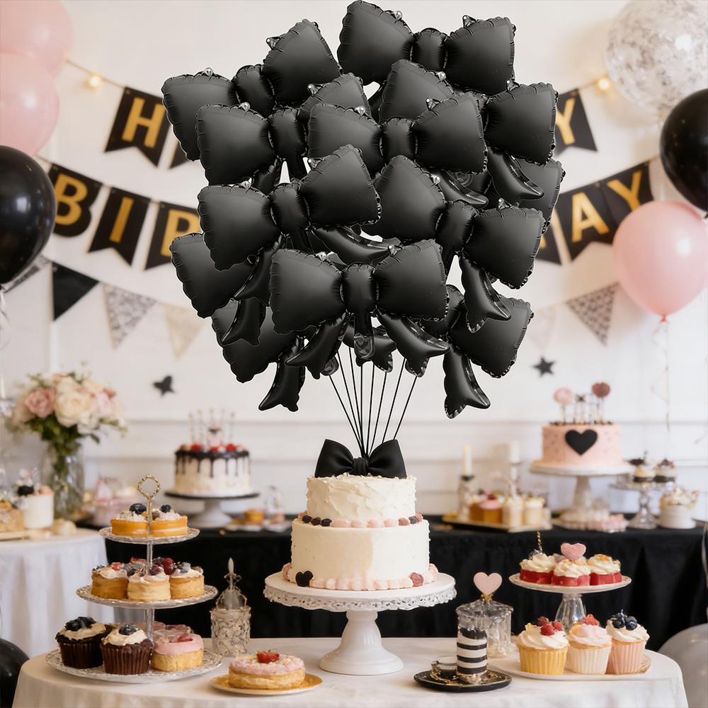 8Pcs 15-Inch Bowknot Foil Balloons, Matte Black Ribbon Mylar Balloons, Aesthetic Bow Shape Decorations for Wedding, Anniversary