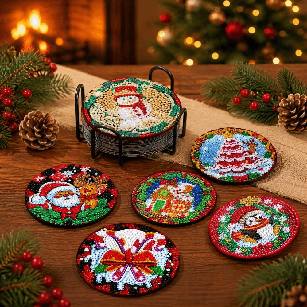 8Pcs Handmade Round Art Coasters with Metal Stand Coaster Kit Christmas Theme