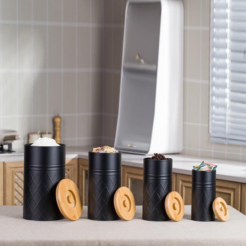 Set Bamboo cover storage bucket Food grade storage box Kitchen coffee tea bag Candy reticulated metal sealed jar