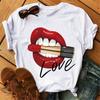 Women's Summer Red Lips Love Printed T-shirt O-neck Short-sleeved Wild White Tees Casual Girl Top