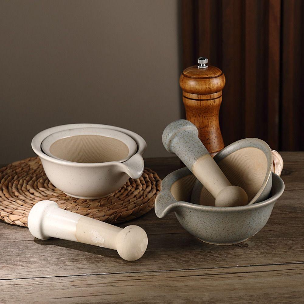 Ceramic Grinding Bowl Rod Set Durable Garlic Mortar Pestle Rice Paste Bowl Pedestal Bowl
