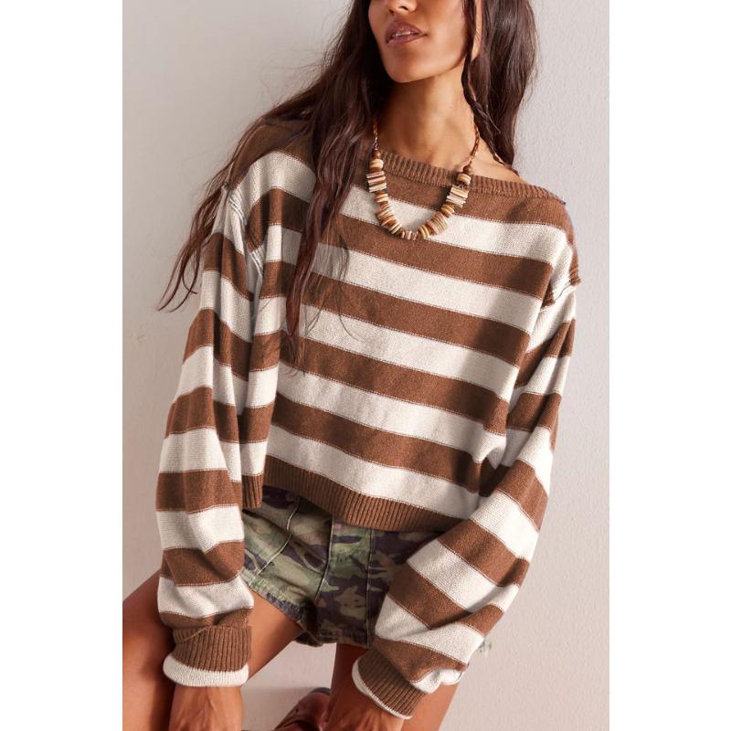 Женский осенне-зимний пуловер, свободный полосатый короткий вязаный свитер
