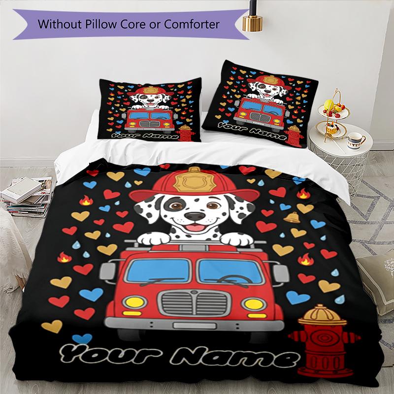 3PC Custom Name Fire Truck Adventure Bedding Set Duvet Cover Closure Includes 1 Duvet Cover & 2 Pillowcases for Bedroom