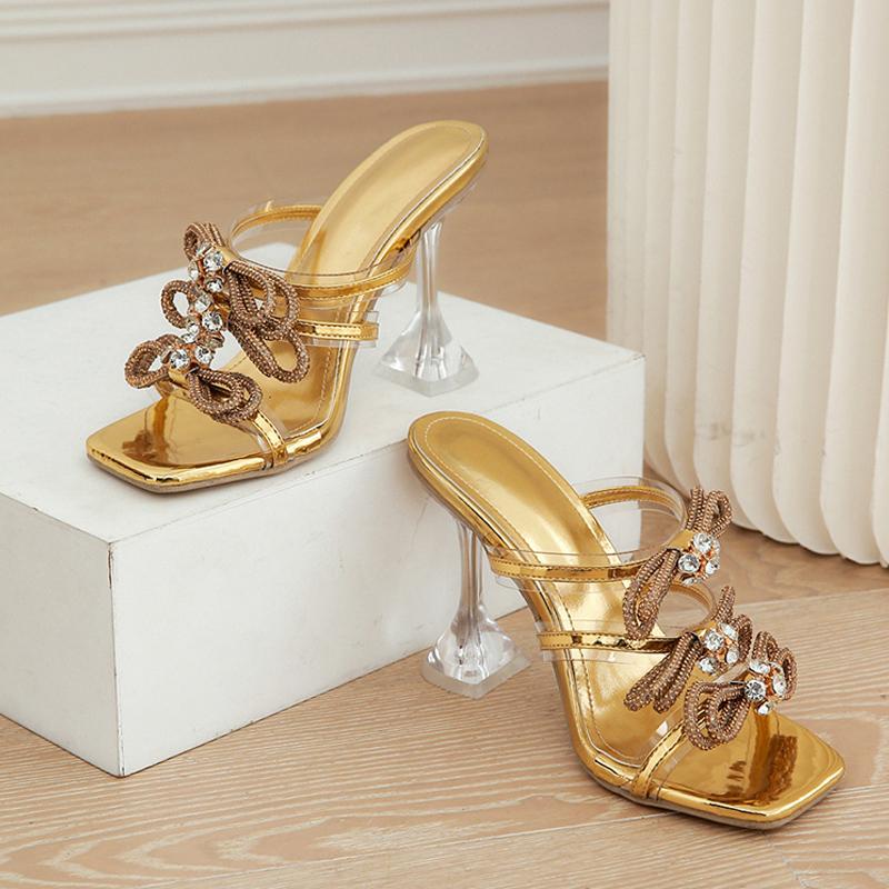 Fashion Liyke Fashion Gold Glitter Rhinestones Women Slippers Summer Crystal Bowknot High Heels Party Prom Shoes PVC Transparent Sandals