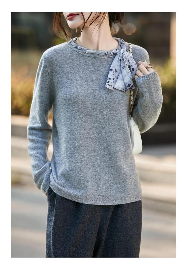 Women's Autumn Winter Wool Sweater: Gentle Style, Flowing Ribbon, Round Neck, Knit Base Layer, Loose Slimming Fit.
