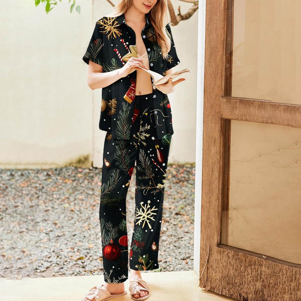 Женский рождественский пижамный комплект с принтом, женские короткие рукава, длинные брюки, комплект из двух предметов, застегивающийся на пуговицы, домашняя одежда