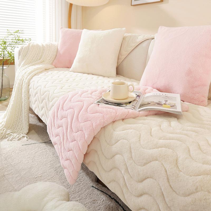 Super Soft Rabbit Plush Quilted Sofa Towel Winter Warm Thick Plush Couch Cover L-shaped Sectional Anti-slip Sofa Cover