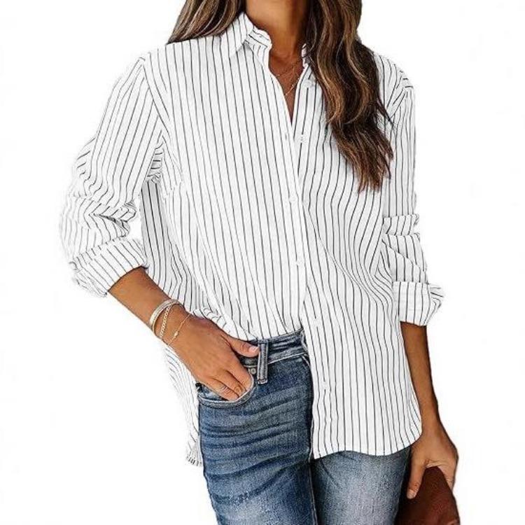 Elegant Casual Long Sleeve Striped Blouse Top Ladies Shirt All Match Summer Spring