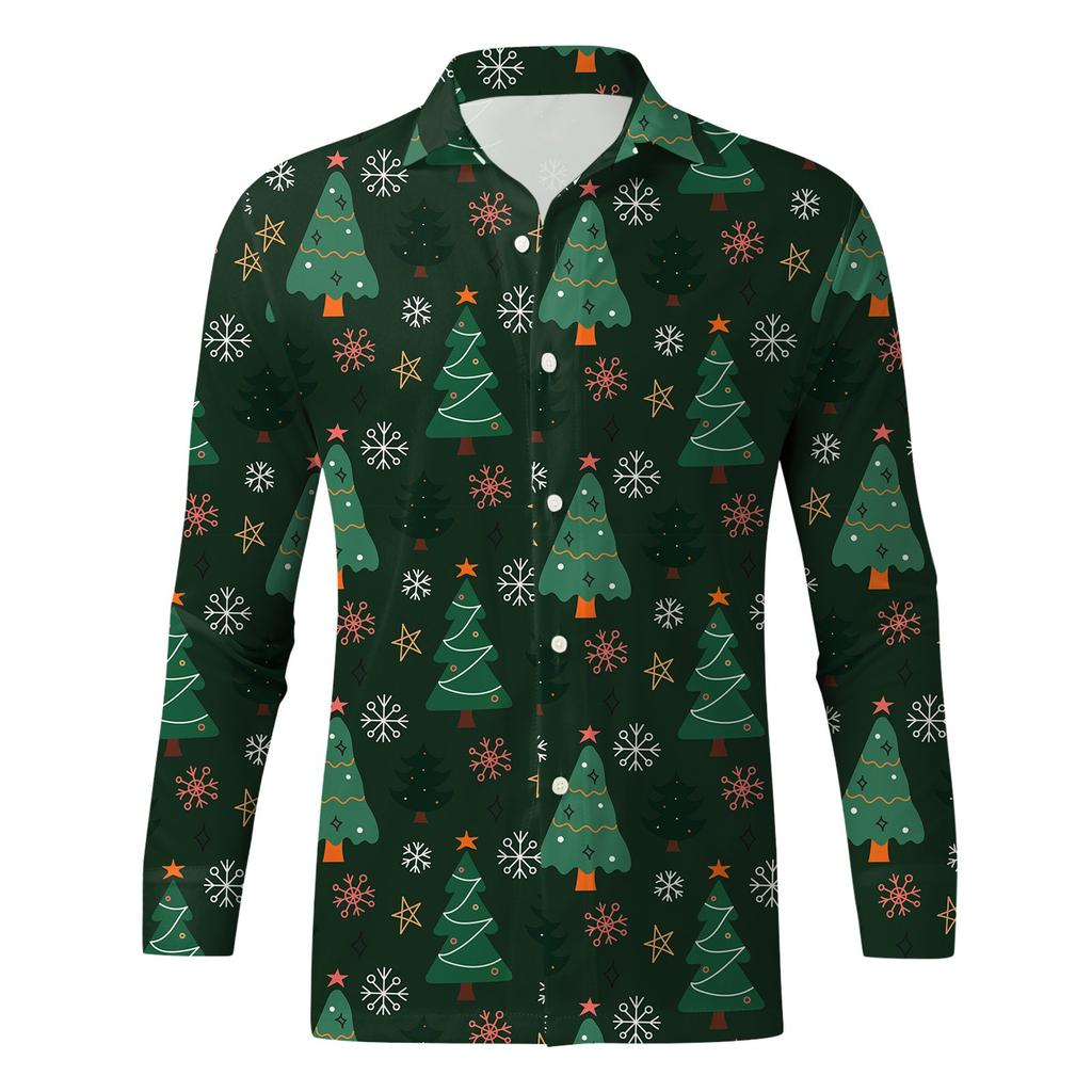 Men's Fashion Casual Christmas Print Long Sleeve Buttons Lapel Shirts Tops