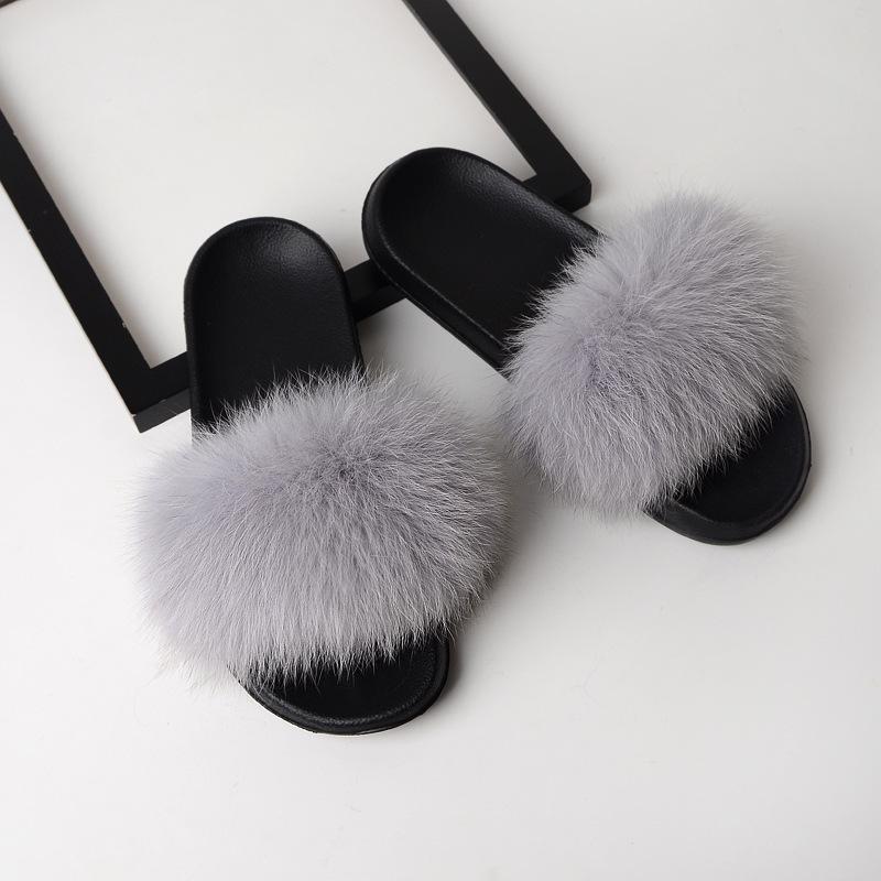 Furry Slippers for Women The Same Style In Summer Real Fox Fur Slippers Plus Size Female Sandals