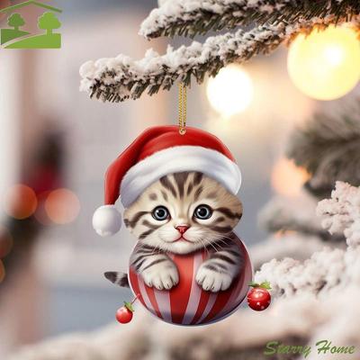 2D Новогодний Кот Подвеска Плоская Декоративная Кошка Рождественская Шапка Украшение Акриловый Кот Подвеска в Машину Украшения для Елки