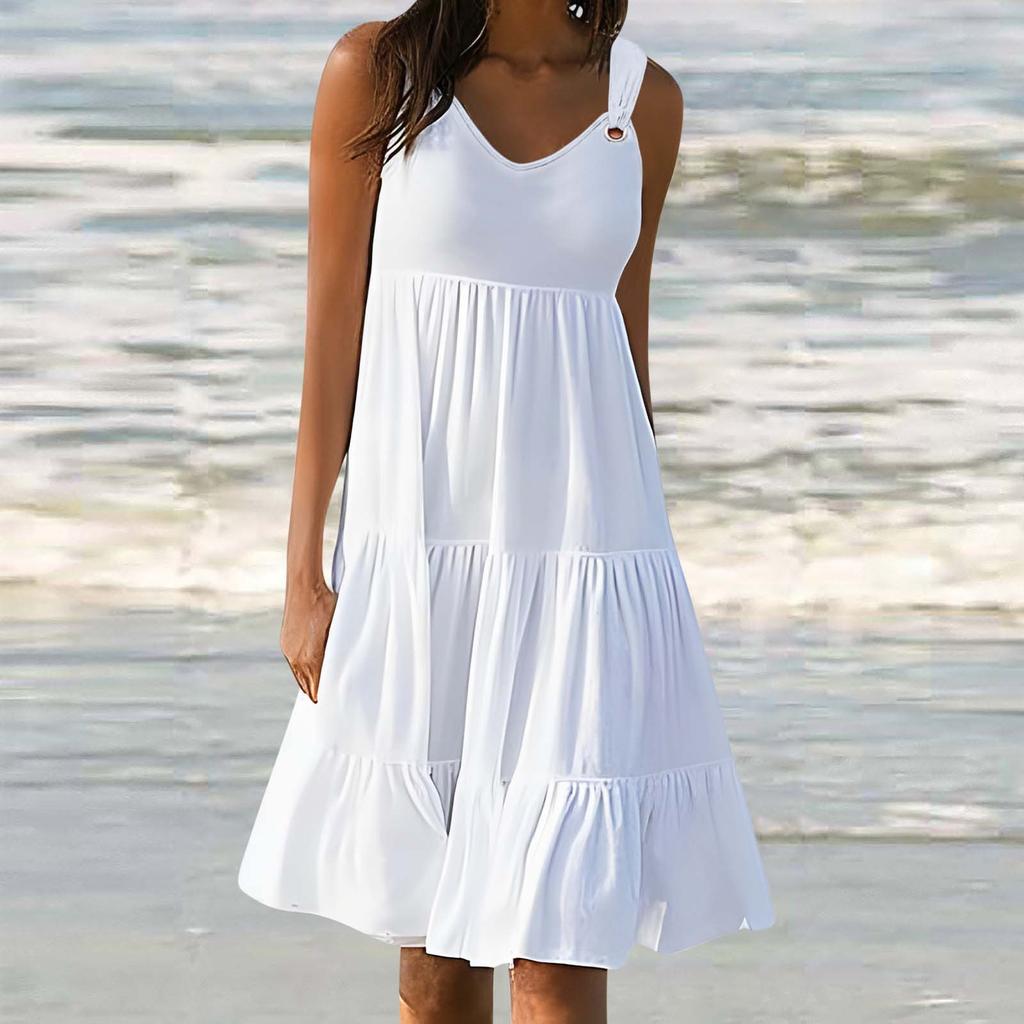 YYFS Women's Fashion Summer Spring Solid Color Print Sleeveless V-Neck Middle Waistline Casual Dresses