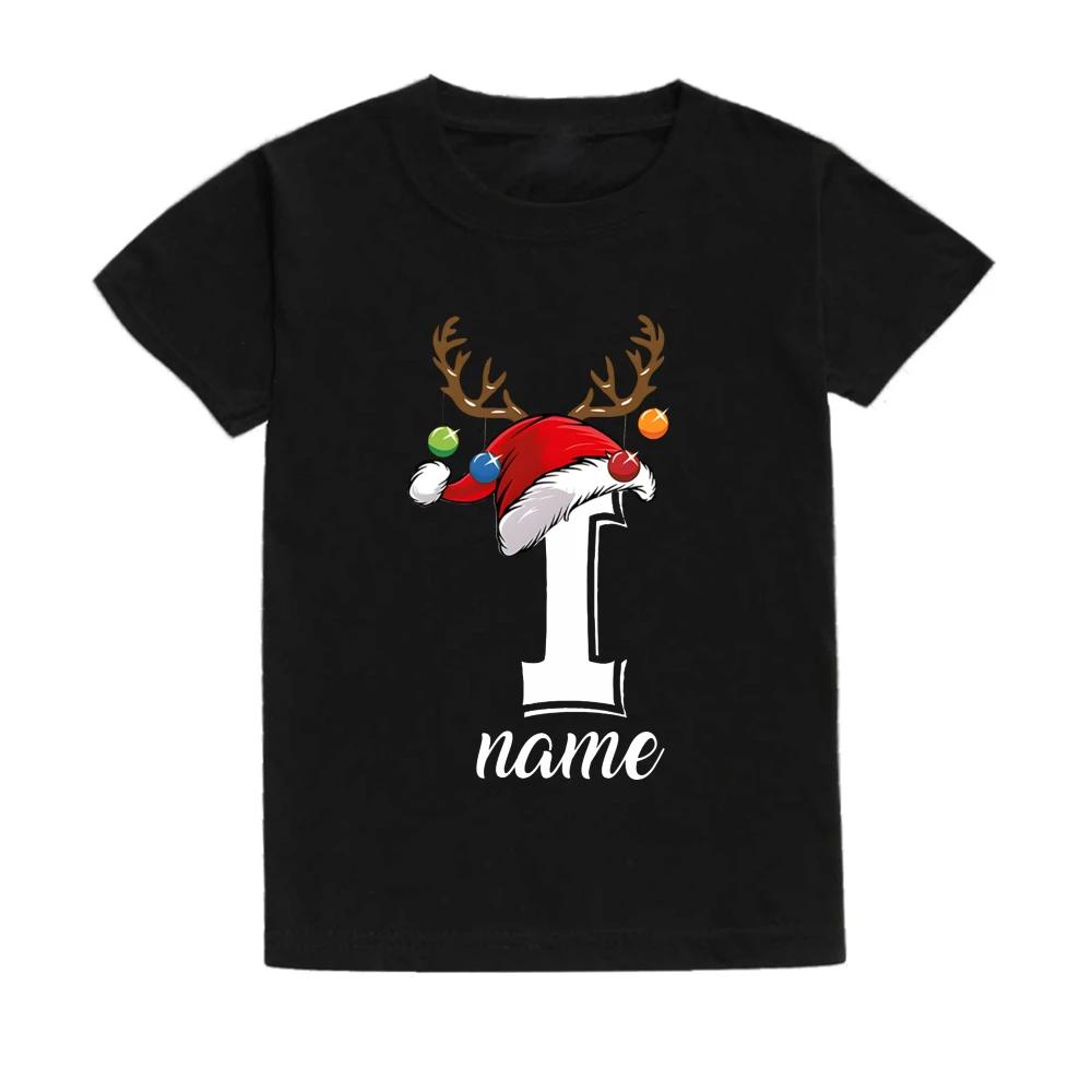 Рождественская детская футболка с инициалом и именем, детская одежда, топы для мальчика и девочки, наряды для рождественской вечеринки, детская праздничная футболка