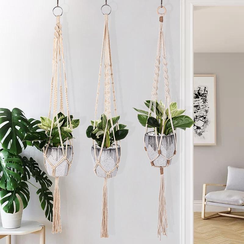 Macrame Hanging Baskets Woven Cotton Handmade Flower Basket Wall Plant Hanger Pot Indoor Bonsai Balcony Knotted Lifting Rope