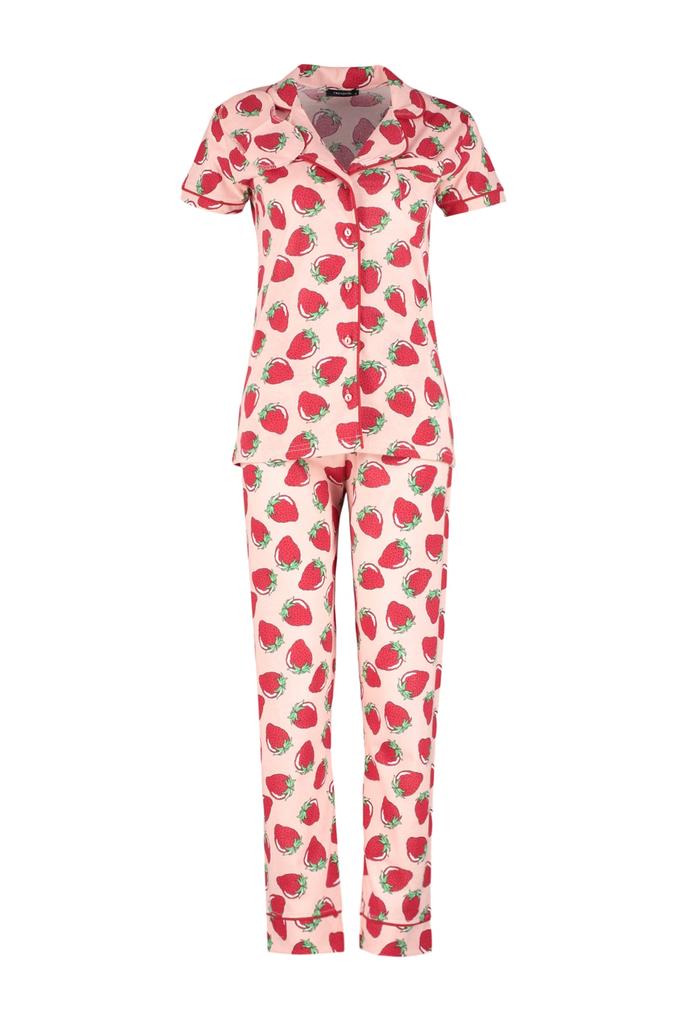 Women's Fashion New Pajama Set Pink Piping Detailed Strawberry Patterned Knitted Pajama Set