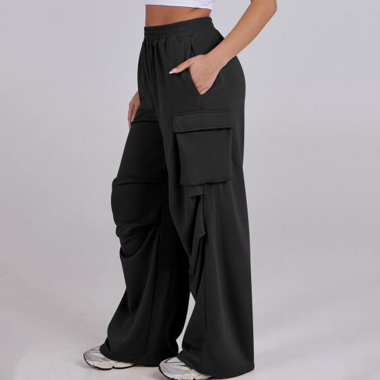 Women Cargo Pants Elastic Waist Mid-rise Straight Wide Leg Sweatpants with Multi Pockets Solid Color Casual Jogging Pants Loose Lounge Pants