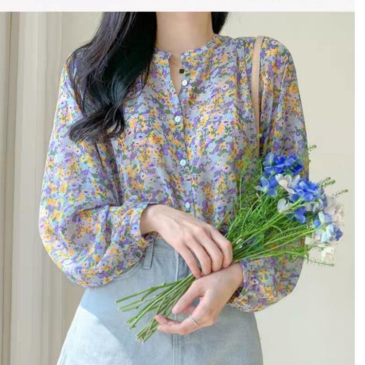 Qooth Women Floral Chiffon Long Sleeve Shirt Elegant Korean Style Spring Printed Sweet Blouse QT1927