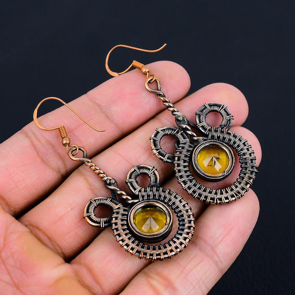 Красивый цитрин, драгоценный камень, серьги ручной работы из чистой медной проволоки, обернутые ювелирные изделия