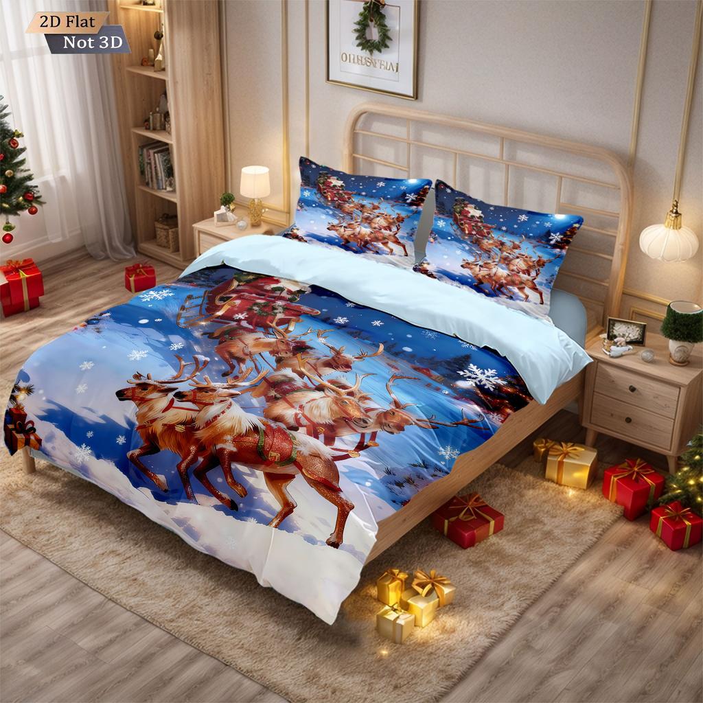 3Pcs Christmas Reindeer Print Coreless Duvet Cover Set Multiple Size Soft Dormitory Bedding Holiday Decoration, Machine Washable
