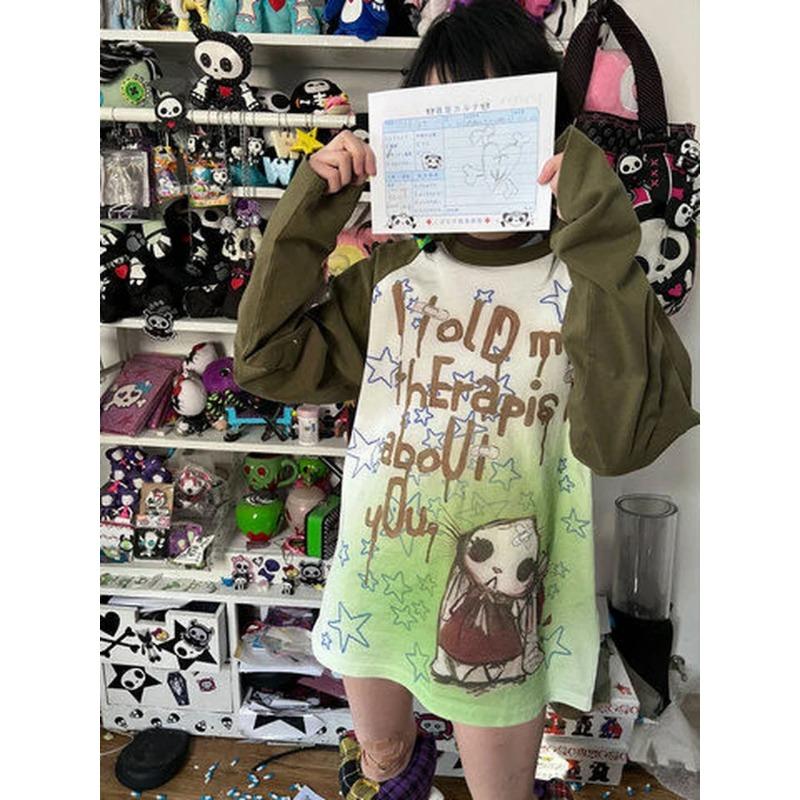 Y2k Aesthetic Long Sleeve T-shirt Women Punk Letter Tie Dye Cartoon Print Loose Graphic T Shirt Couple Fairy Grunge Tee