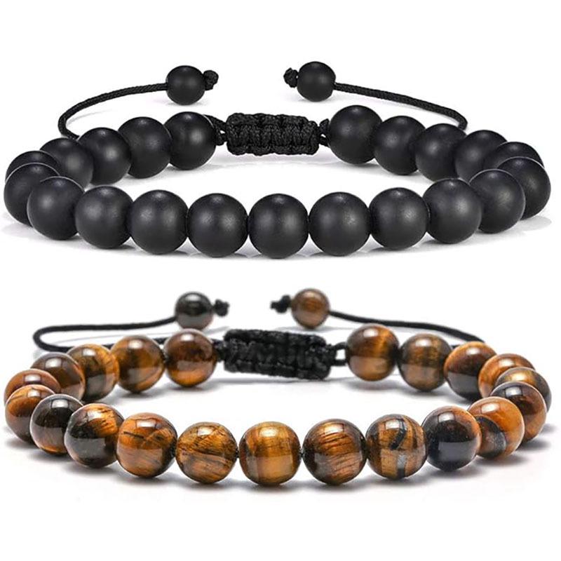 Мужской плетеный браслет из тигрового глаза и лавового камня - Подарок, ручная работа, бусины из черного агата 8 мм