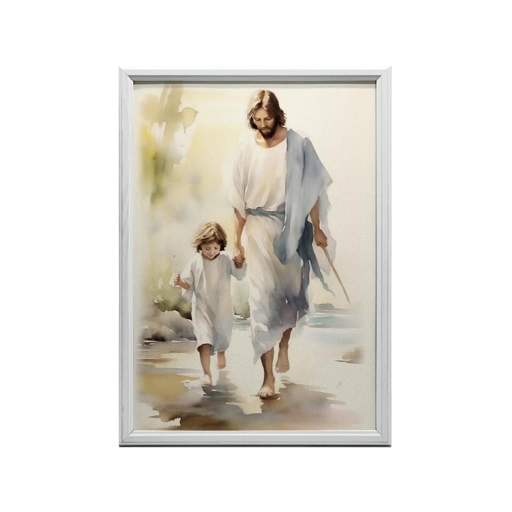 Jesus Walking With Child Jesus Walking With Child, 50X70 Cm, Unframed, Premium Canvas On Stretcher