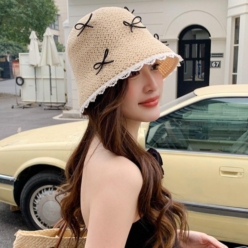 Sunshade Bow Straw Hat Lace Women's Sun Hat Sweet Sunscreen Fisherman Hat Summer