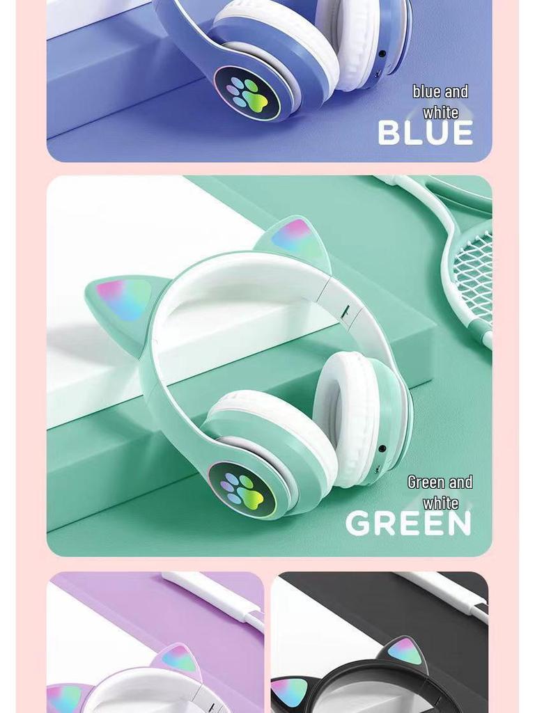 STN-28 Luminous Cat Ear Wireless Bluetooth Headset with Heavy Bass, Over-ear, Sport & Card Slot