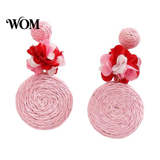 Lightweight Ear Accessories 1 Pair Raffia Flower Earrings for Women, Handmade Boho Rattan Soft Color Travel Round Drop Dangle Earrings, Woven