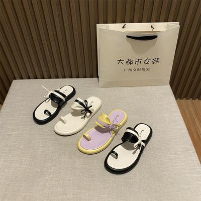 Крутые тапочки женские летние новые фея средний каблук маффин уличная одежда толстая подошва нишевый дизайн носок бант сандалии