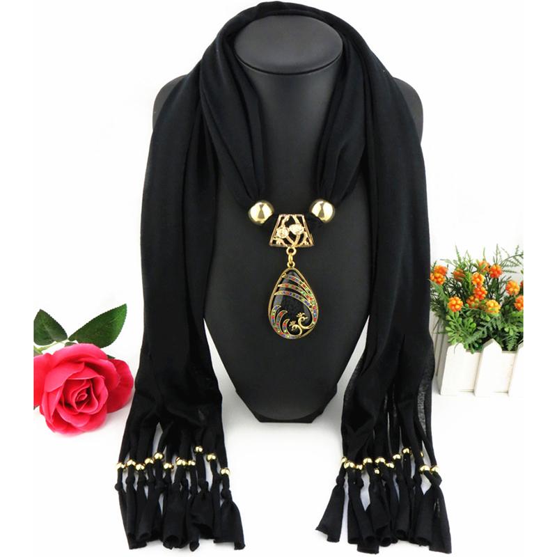 Elegant Embellished Scarf Necklace with Tassel & Pendant – Boho Fashion Statement Jewelry for Women, Multi-Color Available