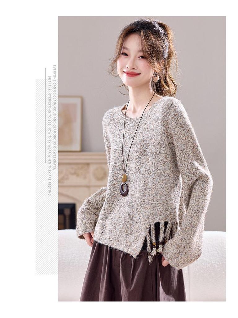 Versatile Knitted Sweater: Round Neck, Loose Fit, Irregular Tassel Cardigan for Autumn and Winter