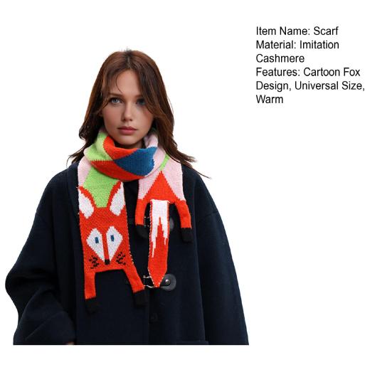 Women Scarf Cartoon Fox Design Faux Cashmere Soft Warm Scarf Autumn Winter Long Scarf Versatile Clothing