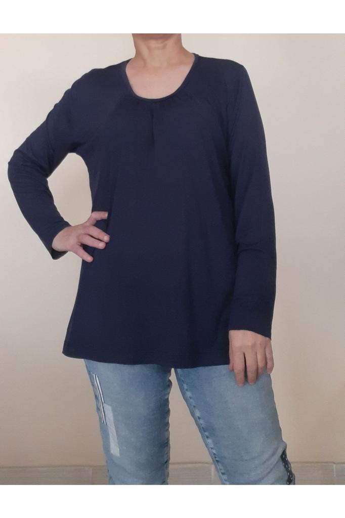 Женская стильная футболка большого размера, темно-синяя футболка из чесаного хлопка и вискозы с присборенным воротником