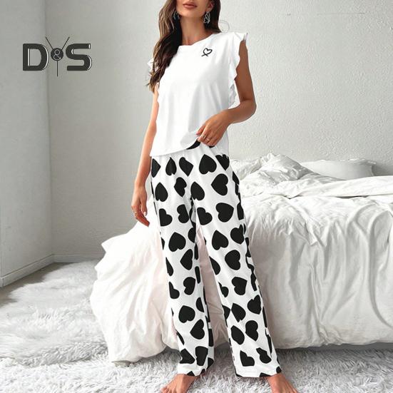 Женский атласный пижамный комплект, топ с оборками и широкие брюки, повседневный комплект из 2 предметов домашней одежды для отдыха