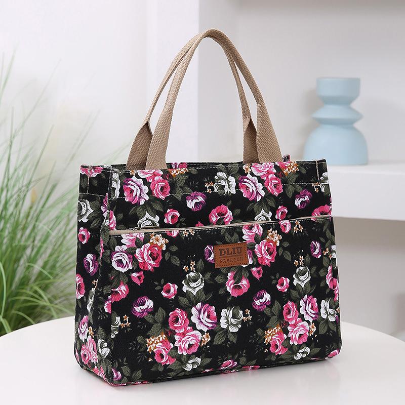 Fashion Floral Print Tote Bag Portable Canvas Lunch Bag Women's Casual Handbag Bento Mommy Shoulder Bag For Picnic Travel AVE