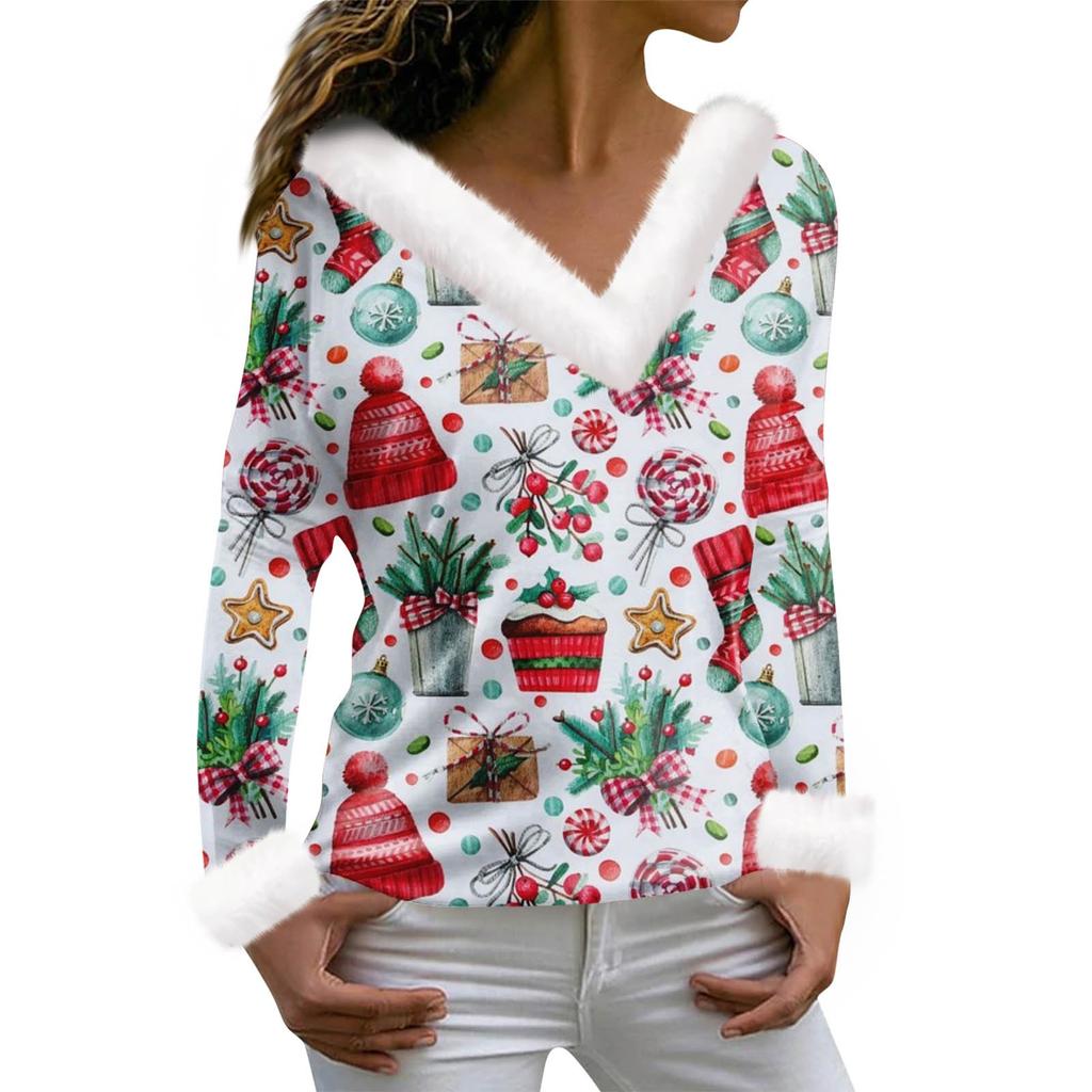 Женская футболка с рождественским принтом, футболка с длинным рукавом, флисовый воротник, топ с V-образным вырезом