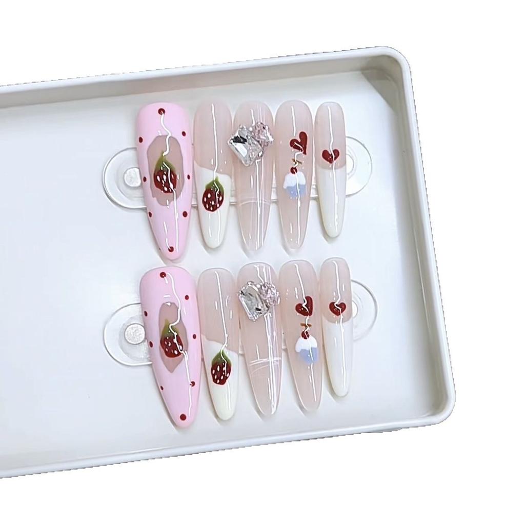 Ручная работа Фототерапия Носимые наклейки Маникюр Чистый Французский Клубничный Джем Длинные Тонкие Кошачьи Глаза