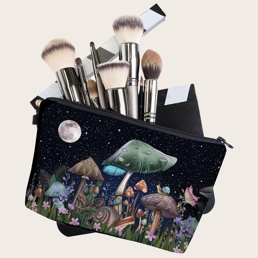Cute Mushroom Print Cosmetic Bag Large Capacity Zipper Storage Bag Coin Purse