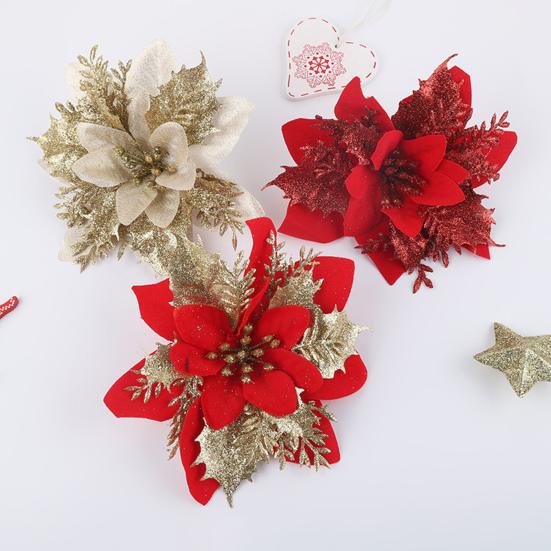 10Pcs/Set Christmas Artificial Flower Glitter Leaves Red Golden Silver-color Layered Xmas Tree Wreath Decoration Fake