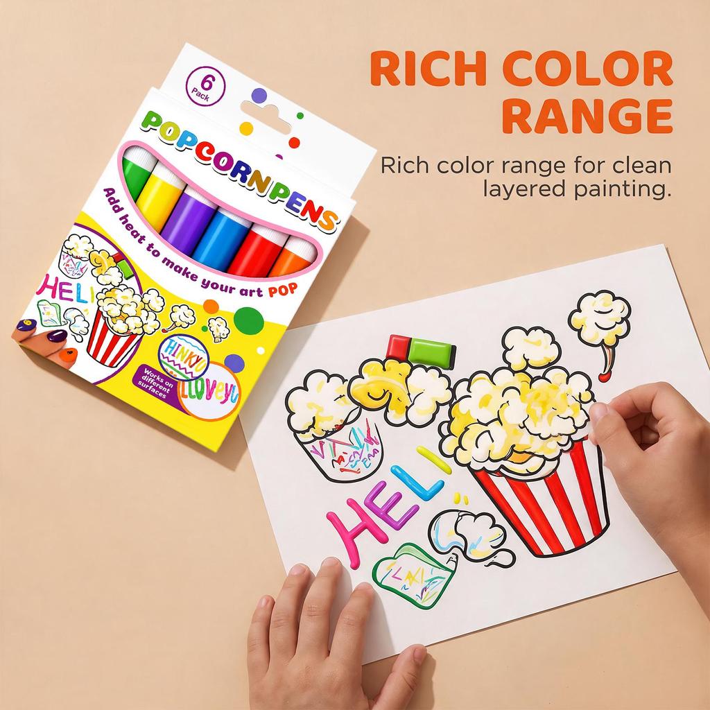 AMZ popcorn pen 6-color three-dimensional bubble pen 3D painting DIY handmade toy children's birthday gift 6pcs