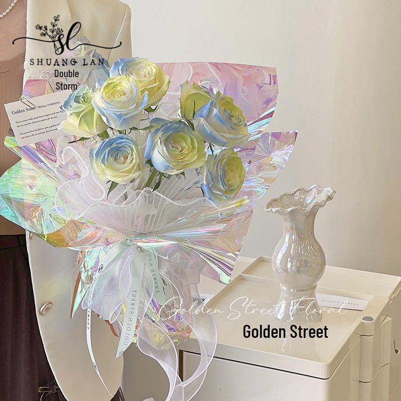 Бумага для упаковки цветов Shuanglan Rainbow Laser - Фантазийный градиент для DIY, Водонепроницаемые материалы для упаковки букетов