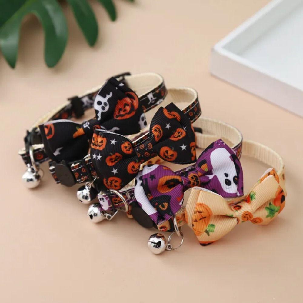With Bell Kitten Pumpkin Necklace Adjustable Cat Pumpkin Bow Tie Halloween Cat Collar Halloween