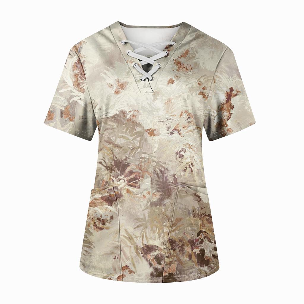 Плюс размерСкраб с принтом Рабочая форма Топы для женщин Крест V-образным вырезом Хэллоуин Принт с короткими рукавами Забавные футболки Спецодежда Футболка с карманами