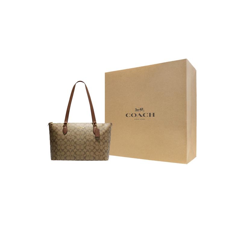 New COACH Zip Top Tote Canvas With Leather Tote Bag, Shopping Bag, Handbag, Shoulder Bag Women's Khaki & White CH504-IME74