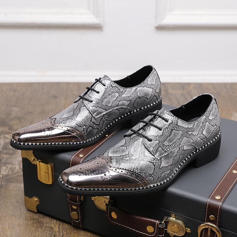 Designer Mens Shoes Gold Silver Snakeskin Patent Leather Shoes Fashion Casual Business Shoe Lace Up Brogues Shoes Zapatos Hombre