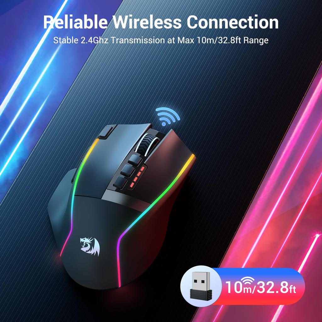 Redragon Wireless Gaming Ergonomic Mouse 16000 DPI with Rapid Fire 9 Macro Durable Power Capacity and RGB Backlight for Mouse, Key, Buttons, 170-Hour