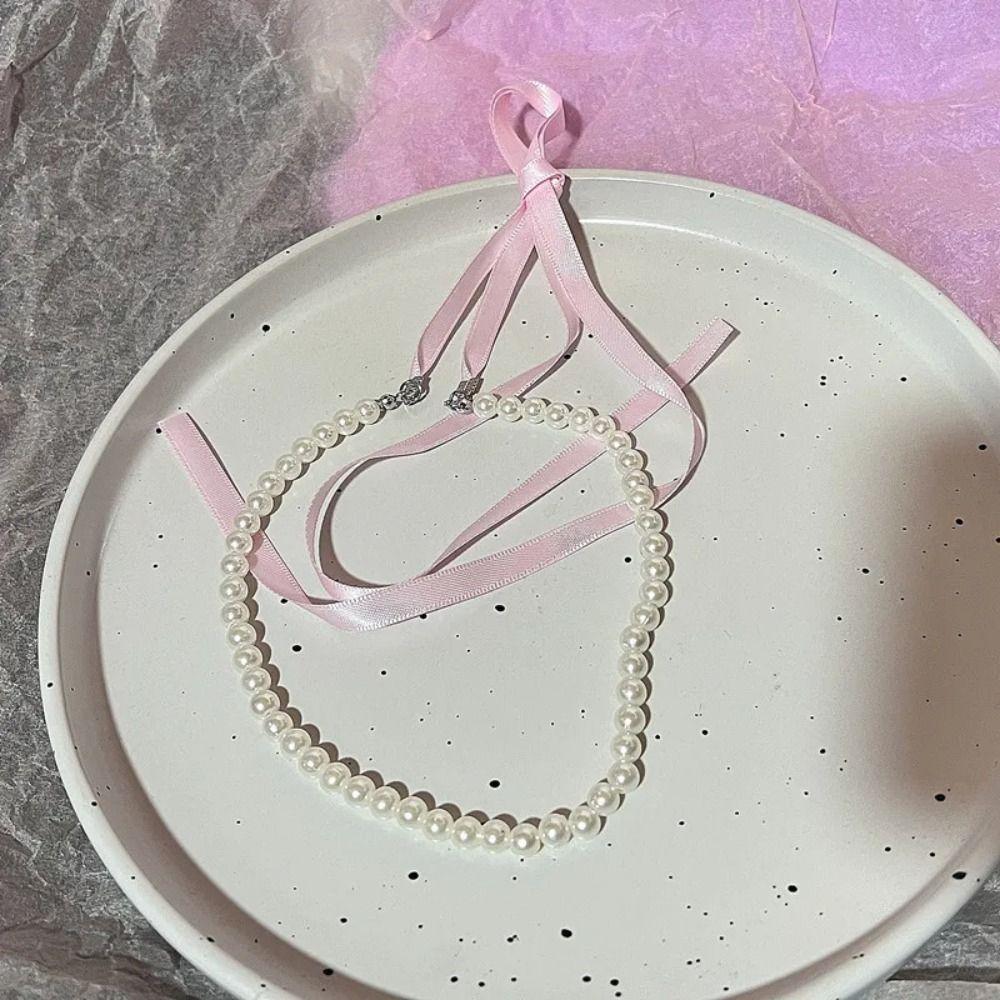 Korean Style Bowknot Pendant Choker Zircon Balletcore Choker Temperament Pink Bow Necklace  Wedding