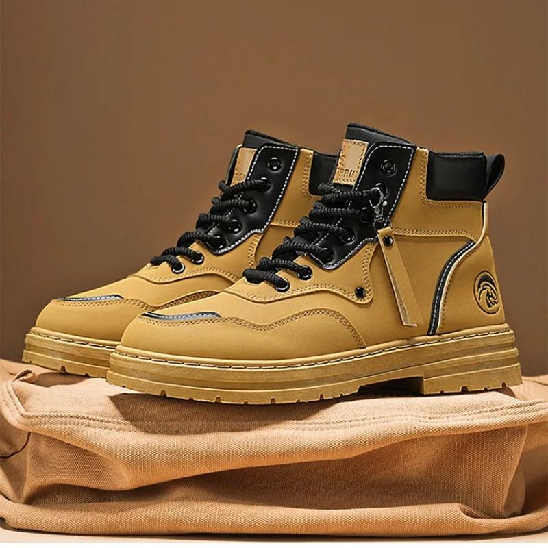 Модные мужские ботинки 2024 года, осенние высокие британские корейские ботинки на толстой подошве, удобные нескользящие короткие ботинки на шнуровке из хлопка